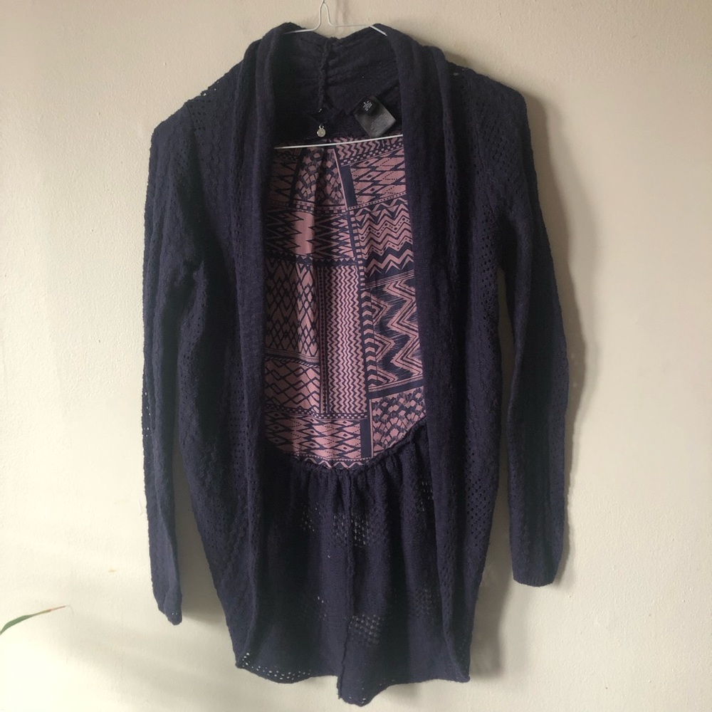 ❤️Anthropologie Knitted & Knotted Navy Blue Purple Knit Crochet Open Cardigan S